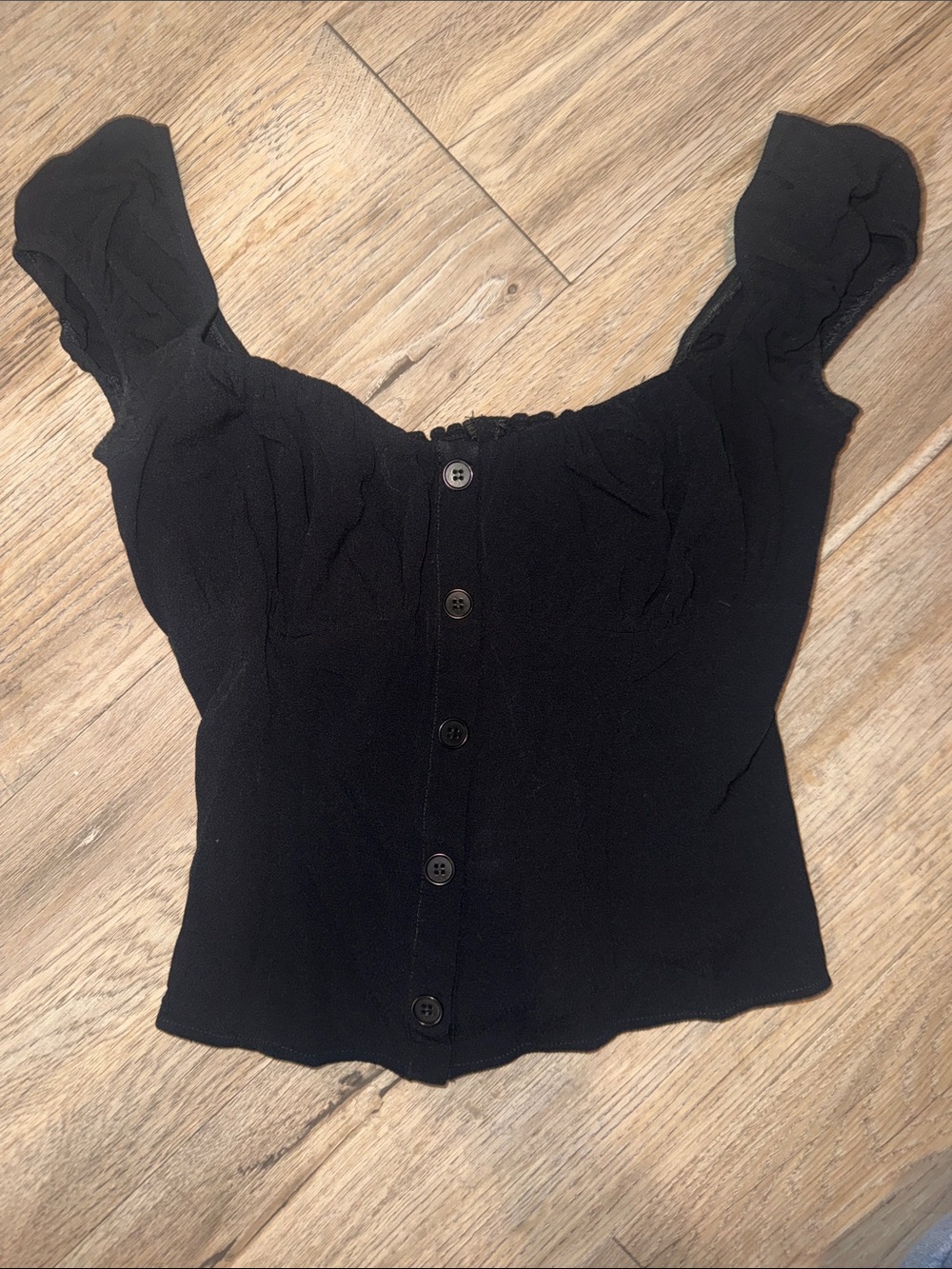 Reformation Black Button-Front Crop Top with Ruffled Straps